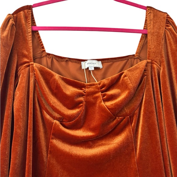 Rihoas Rust Velvet Velour Tie Sleeve Holiday Mini Dress - Picture 4 of 9